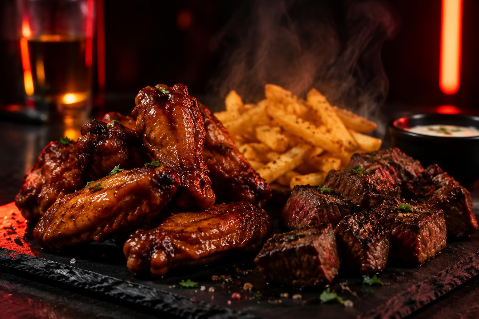Wings, fries and steak bites under neon light